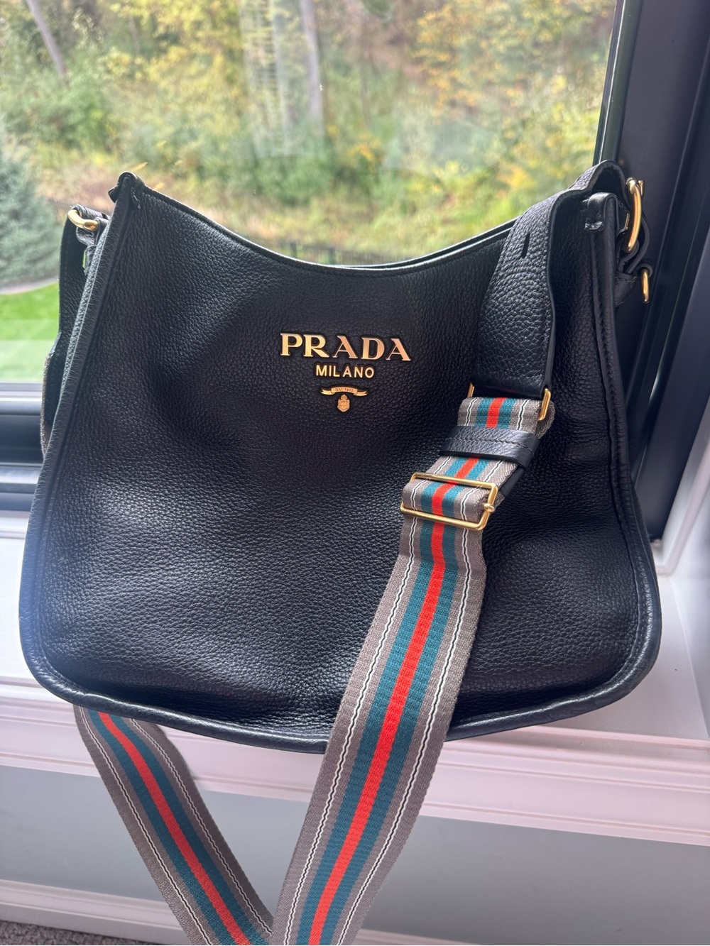 Prada Black Leather Messenger Bag with Striped Webbing Strap
